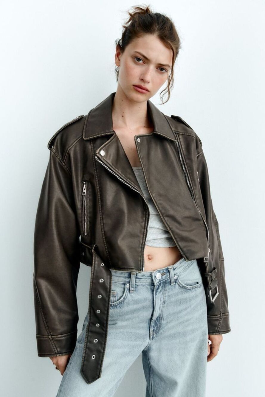 ZARA Molly-Mae Style Faux Leather Cropped Biker Jacket Size XL